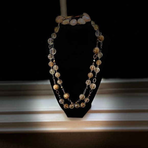 2  VNT ITEMS gold foiled uranium glass bead necklace & Rose Quarts Pink Bracelet - Picture 2 of 8